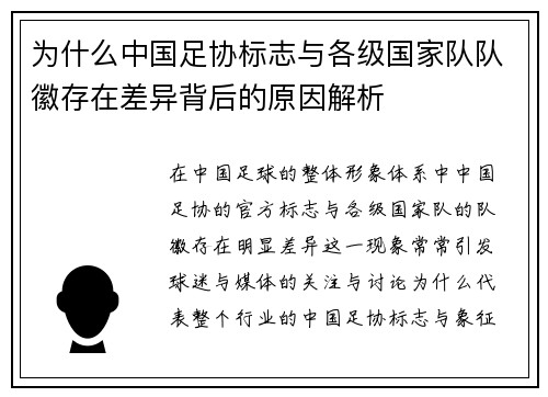 为什么中国足协标志与各级国家队队徽存在差异背后的原因解析